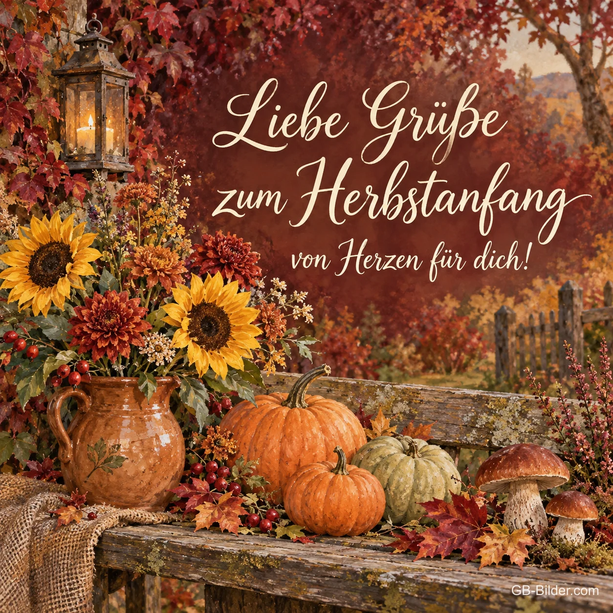 Kürbisse und Sonnenblumen auf einer Holzbank, Text: Liebe Grüße zum Herbstanfang Kürbisse und Sonnenblumen auf einer Holzbank, Text: Liebe Grüße zum Herbstanfang