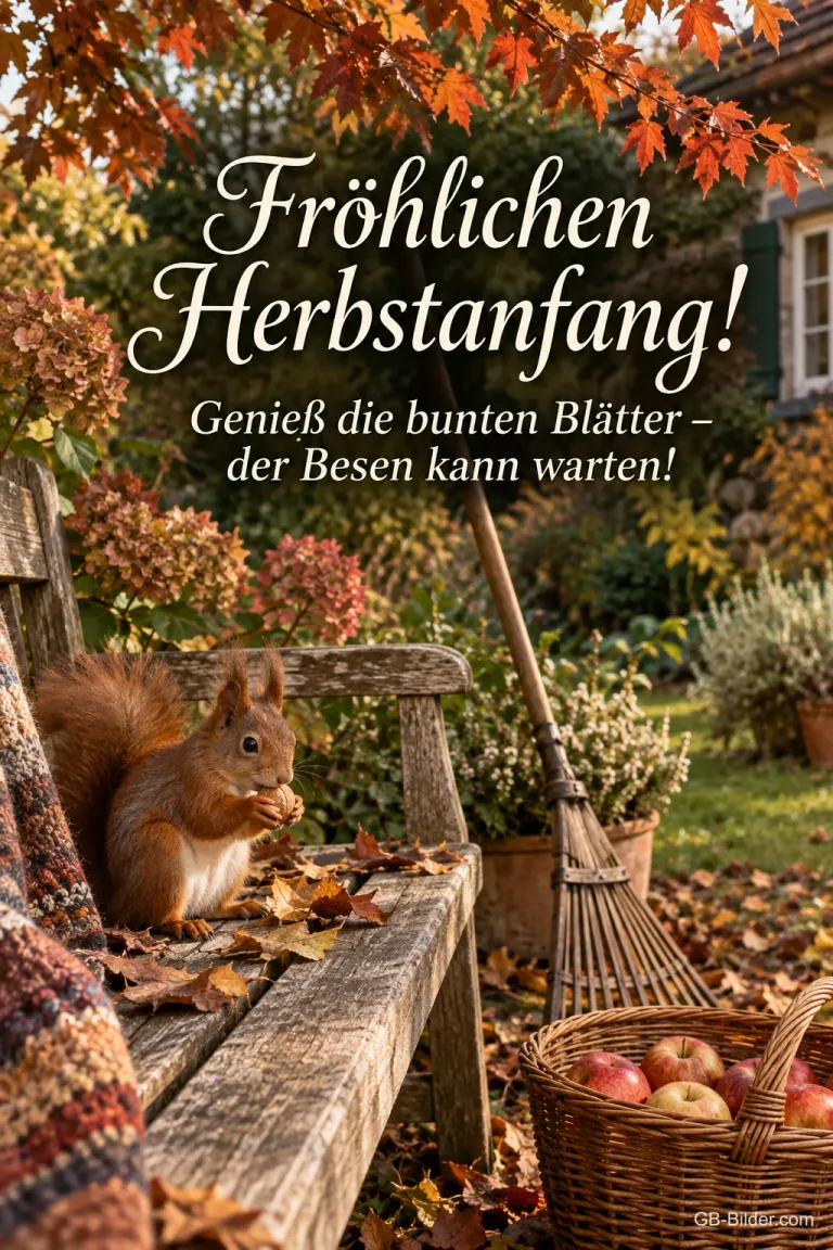 Eichhörnchen auf einer Gartenbank mit Besen, Text: Fröhlichen Herbstanfang! Der Besen kann warten!