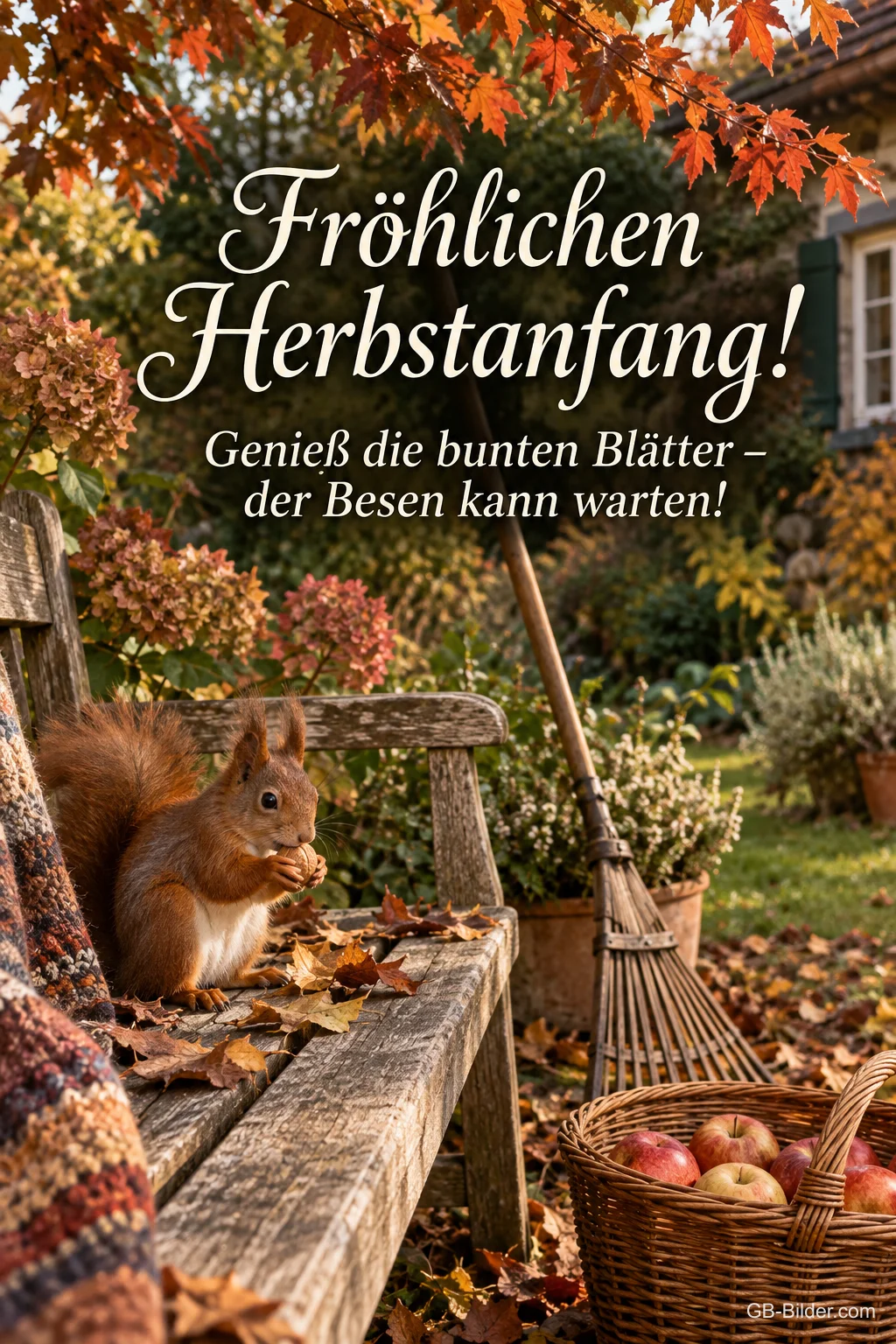 Eichhörnchen auf einer Gartenbank mit Besen, Text: Fröhlichen Herbstanfang! Der Besen kann warten! Eichhörnchen auf einer Gartenbank mit Besen, Text: Fröhlichen Herbstanfang! Der Besen kann warten!