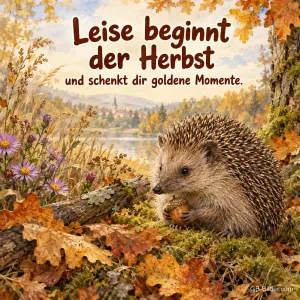 Igel mit Eichel im Herbstlaub, Text: Leise beginnt der Herbst und schenkt dir goldene Momente.