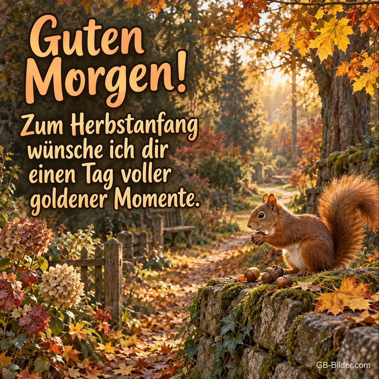 Eichhörnchen auf einer Mauer im Herbst, Text: Guten Morgen! Zum Herbstanfang einen Tag voller goldener Momente. Eichhörnchen auf einer Mauer im Herbst, Text: Guten Morgen! Zum Herbstanfang einen Tag voller goldener Momente.