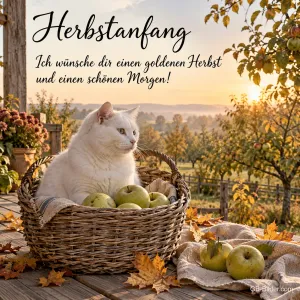Weiße Katze im Apfelkorb, Text: Herbstanfang – einen goldenen Herbst und einen schönen Morgen!