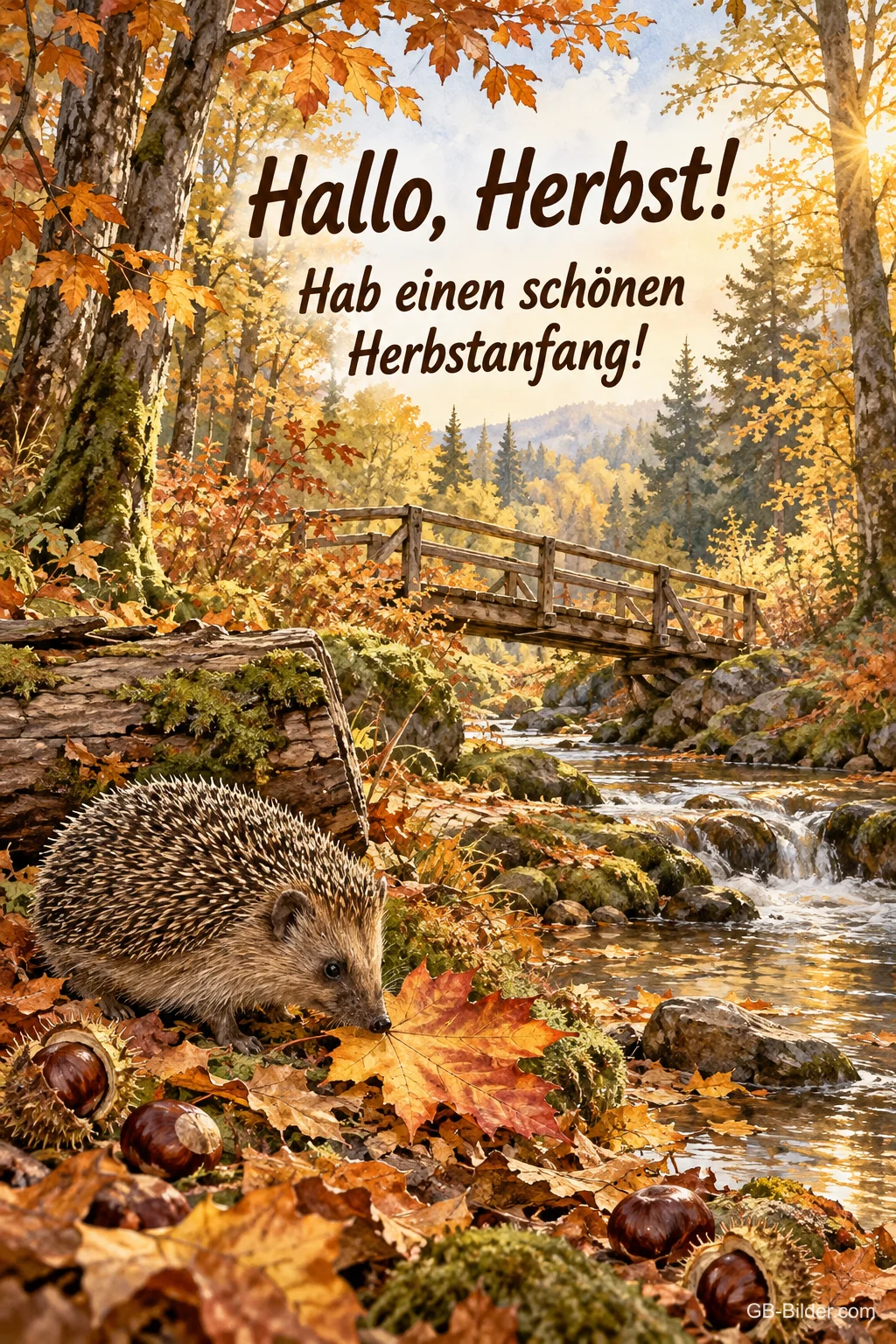 Igel mit Kastanien am Bach, Text: Hallo, Herbst! Hab einen schönen Herbstanfang! Igel mit Kastanien am Bach, Text: Hallo, Herbst! Hab einen schönen Herbstanfang!