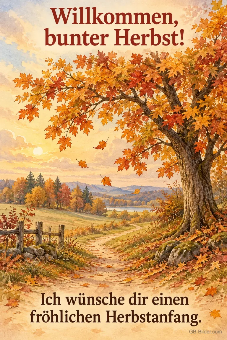 Bunter Herbstbaum am Feldweg, Text: Willkommen, bunter Herbst!