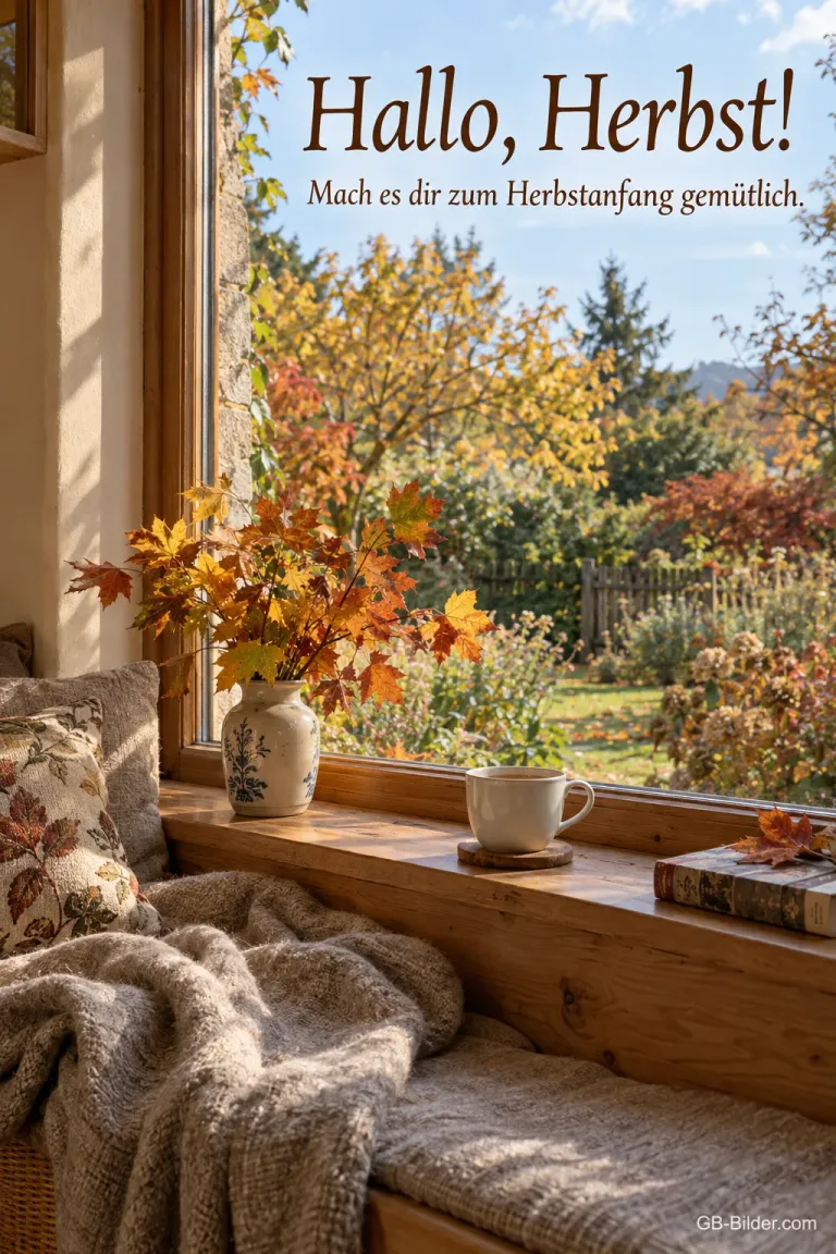 Fensterplatz mit Strickdecke im Herbst, Text: Hallo, Herbst! Mach es dir zum Herbstanfang gemütlich.