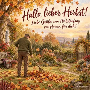 Mann recht Laub im Herbstgarten, Text: Hallo, lieber Herbst!
