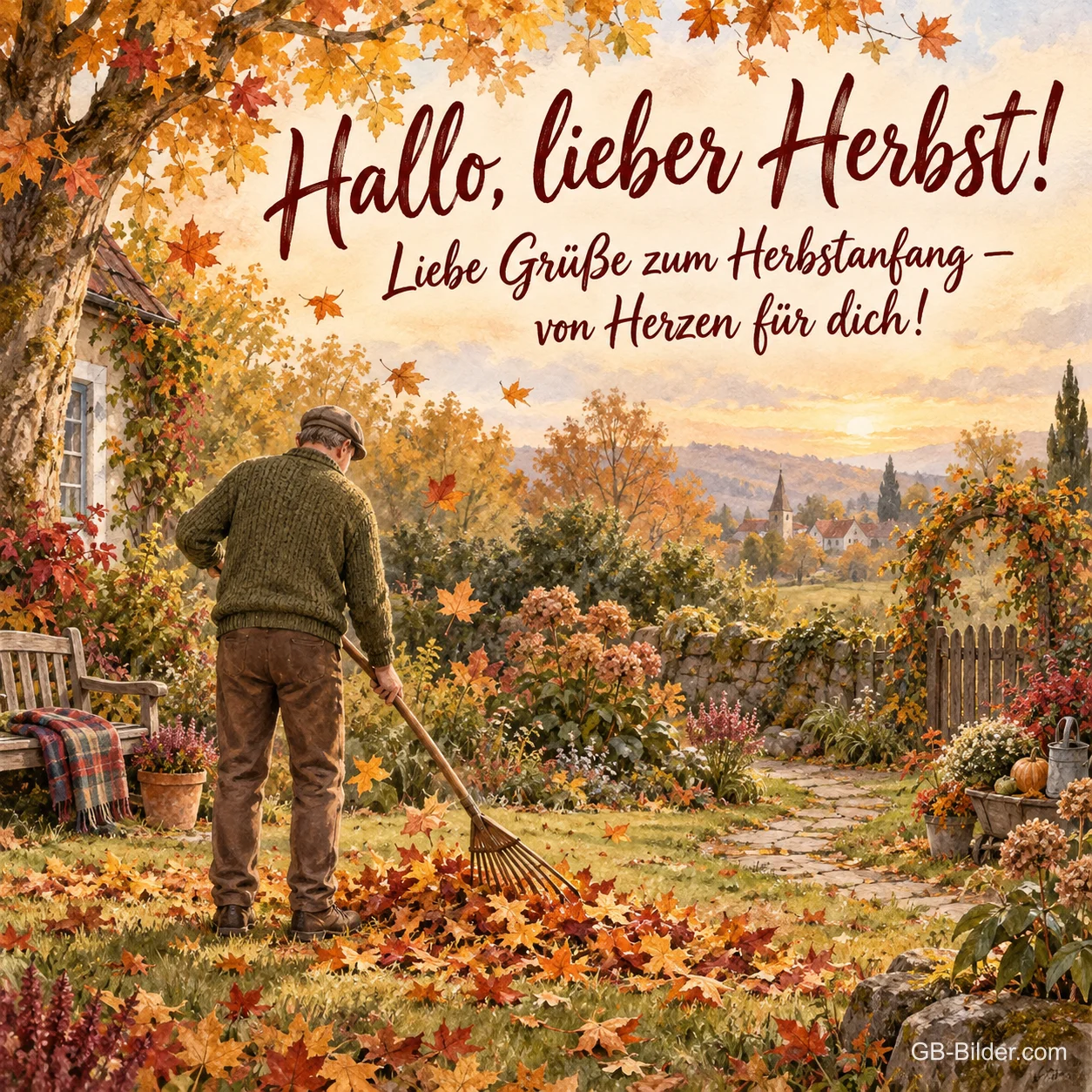 Mann recht Laub im Herbstgarten, Text: Hallo, lieber Herbst! Mann recht Laub im Herbstgarten, Text: Hallo, lieber Herbst!