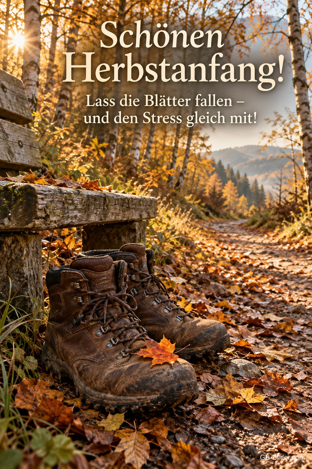 Wanderschuhe unter einer Bank im Herbstlaub, Text: Schönen Herbstanfang! Lass die Blätter fallen – und den Stress gleich mit! Wanderschuhe unter einer Bank im Herbstlaub, Text: Schönen Herbstanfang! Lass die Blätter fallen – und den Stress gleich mit!