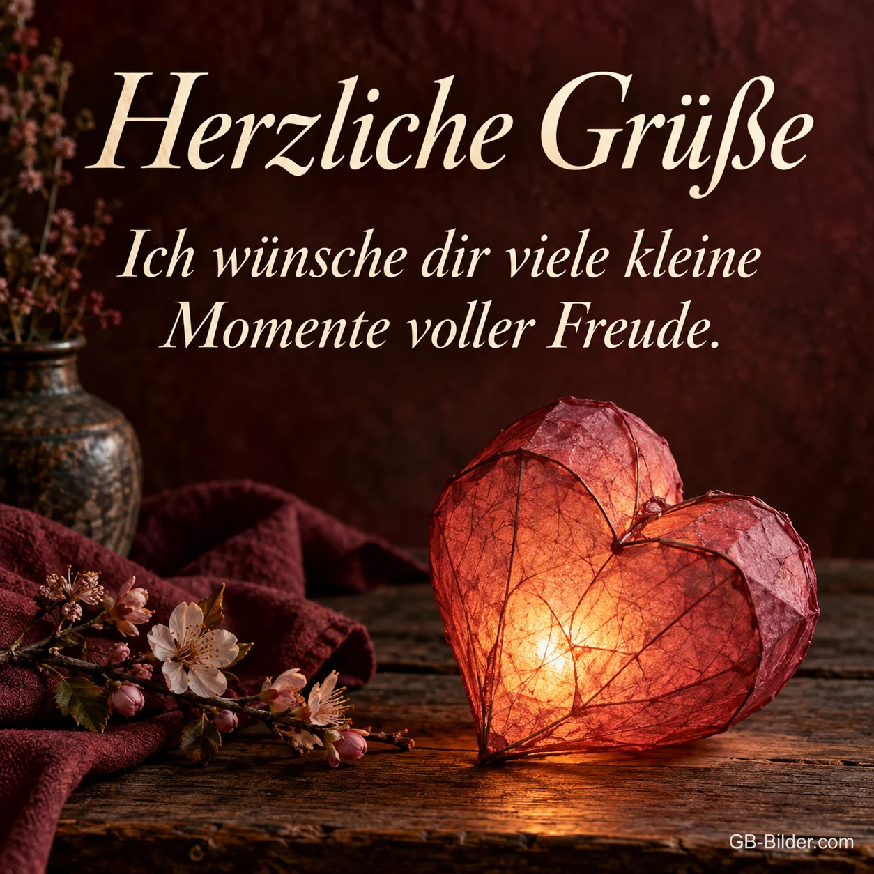 Leuchtendes Papierherz, Text: Herzliche Grüße Leuchtendes Papierherz, Text: Herzliche Grüße