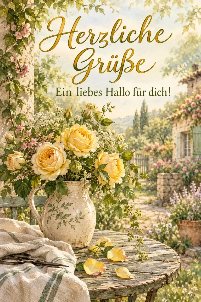Gelbe Rosen im Krug im Garten, Text: Herzliche Grüße – Ein liebes Hallo für dich!