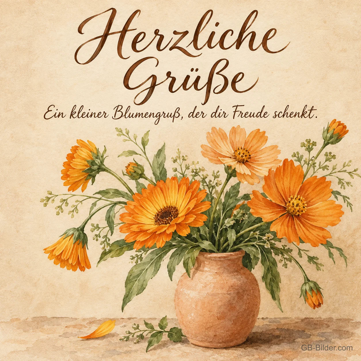 Orange Blumen in einer Tonvase, Text: Herzliche Grüße Orange Blumen in einer Tonvase, Text: Herzliche Grüße