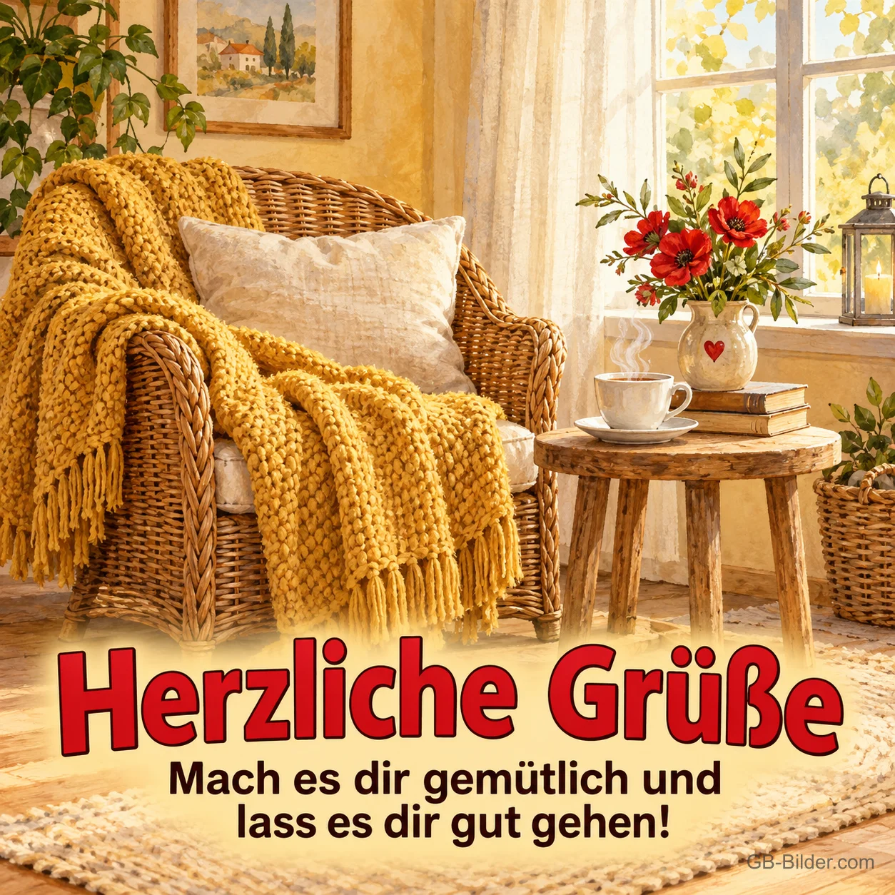 Korbsessel mit Strickdecke, Text: Herzliche Grüße – Mach es dir gemütlich Korbsessel mit Strickdecke, Text: Herzliche Grüße – Mach es dir gemütlich