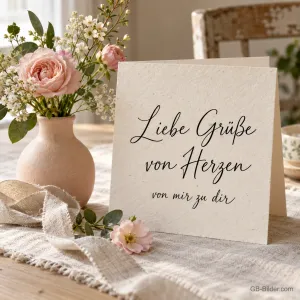 Karte neben Rosen, Text: Liebe Grüße von Herzen von mir zu dir