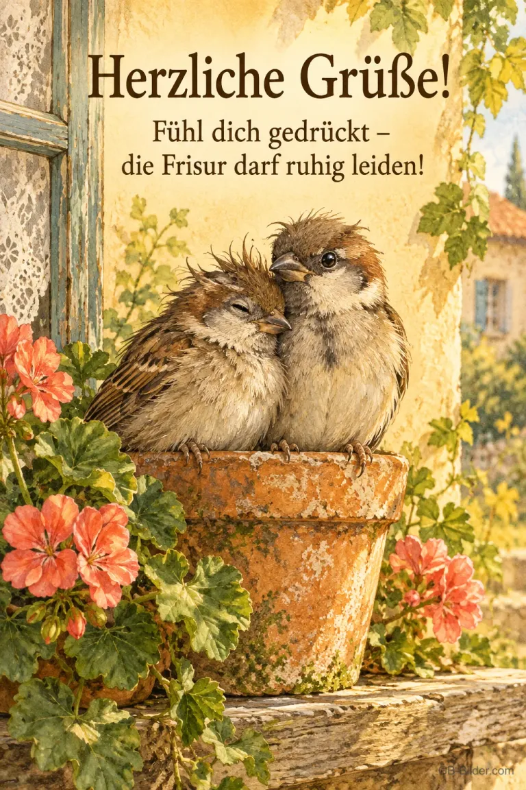 Zwei kuschelnde Spatzen im Blumentopf, Text: Herzliche Grüße! Fühl dich gedrückt