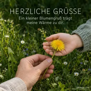 Hände mit Löwenzahnblüte, Text: Herzliche Grüße