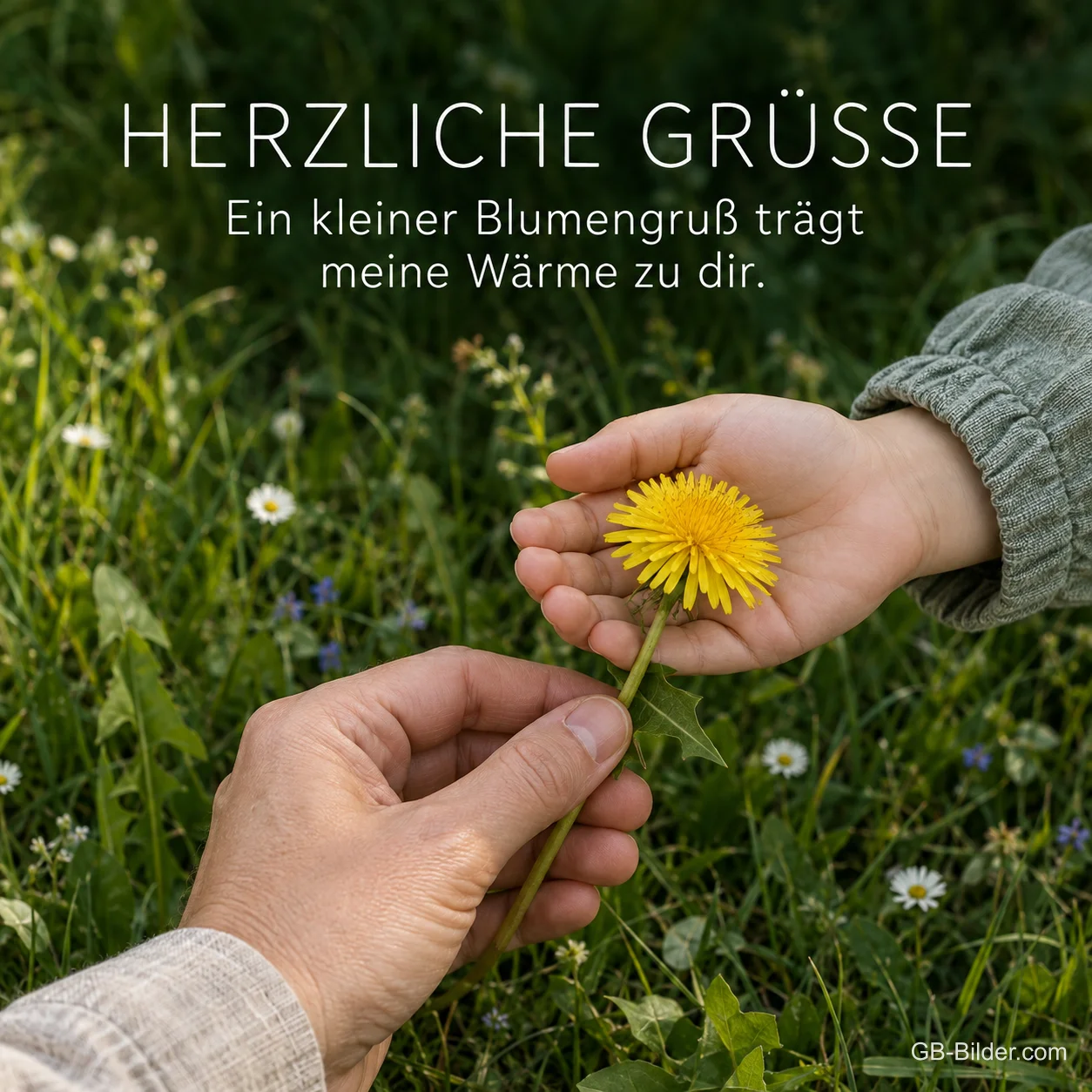 Hände mit Löwenzahnblüte, Text: Herzliche Grüße Hände mit Löwenzahnblüte, Text: Herzliche Grüße