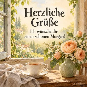 Tasse Tee und Rosen am Fenster, Text: Herzliche Grüße – Ich wünsche dir einen schönen Morgen!