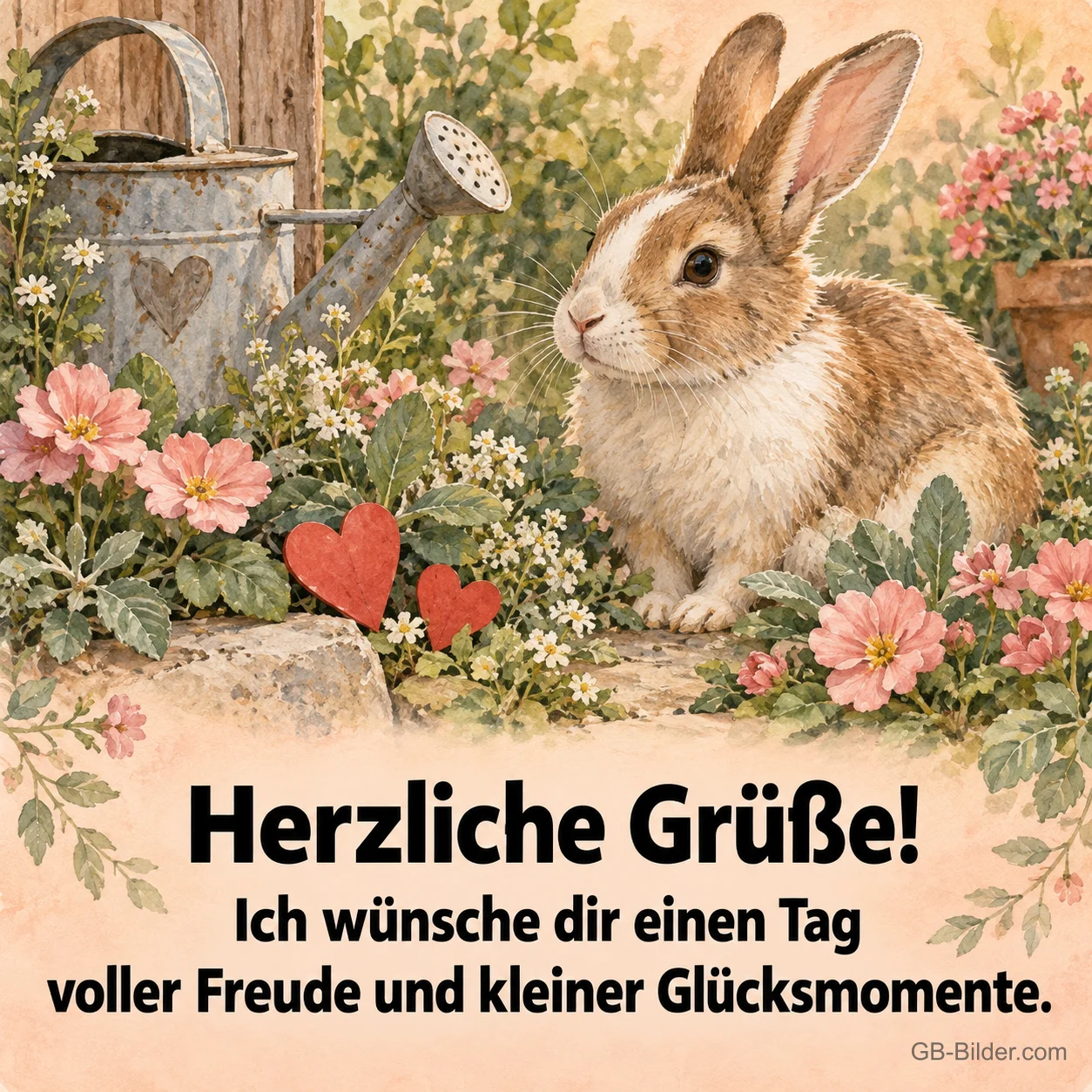 Kaninchen zwischen Blumen und Herzen, Text: Herzliche Grüße! Kaninchen zwischen Blumen und Herzen, Text: Herzliche Grüße!