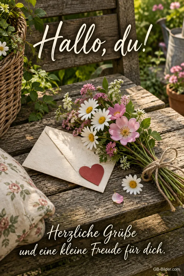 Briefumschlag mit Herz und Wiesenblumen, Text: Hallo, du! Herzliche Grüße