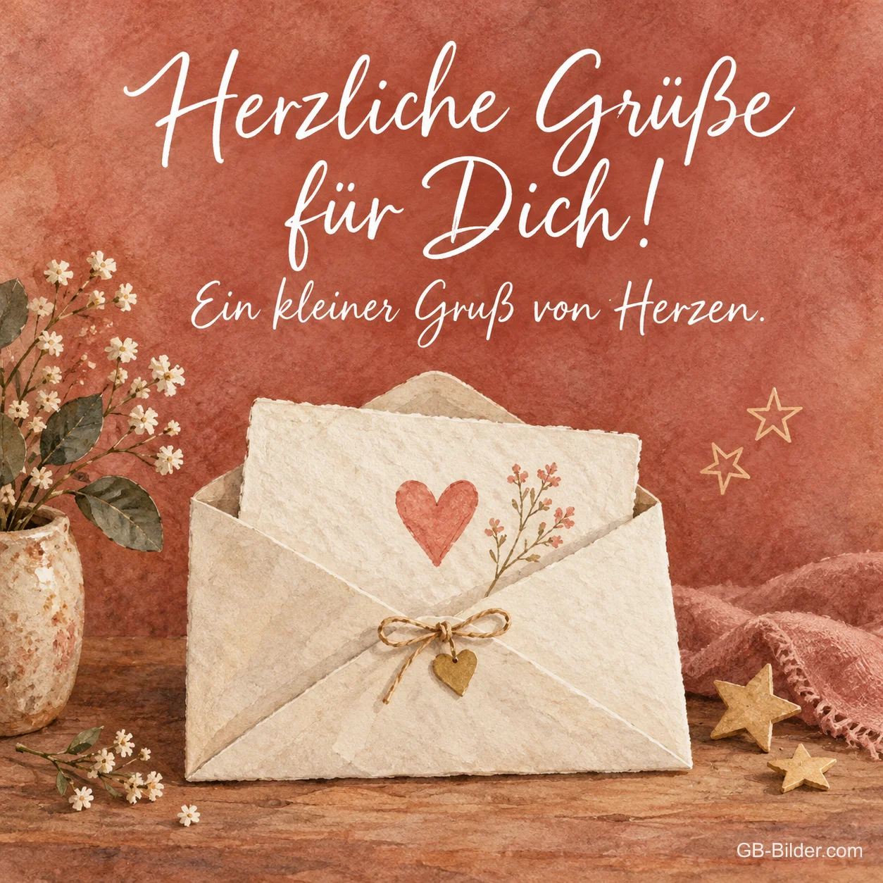 Briefumschlag mit Herz vor Terrakottawand, Text: Herzliche Grüße für Dich! Briefumschlag mit Herz vor Terrakottawand, Text: Herzliche Grüße für Dich!