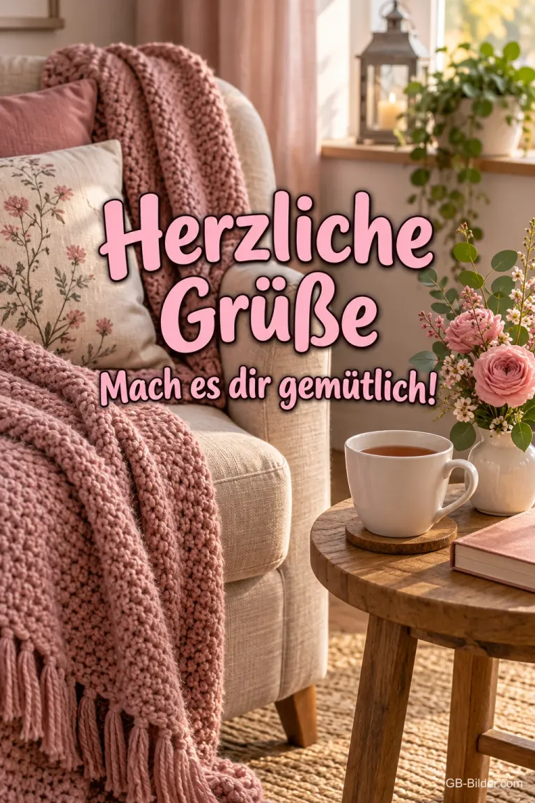 Rosa Sessel mit Strickdecke und Tee, Text: Herzliche Grüße – Mach es dir gemütlich!