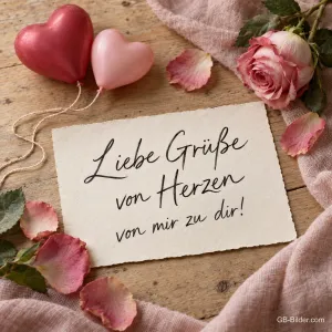 Karte zwischen Rosenblättern und Herzballons, Text: Liebe Grüße von Herzen von mir zu dir!