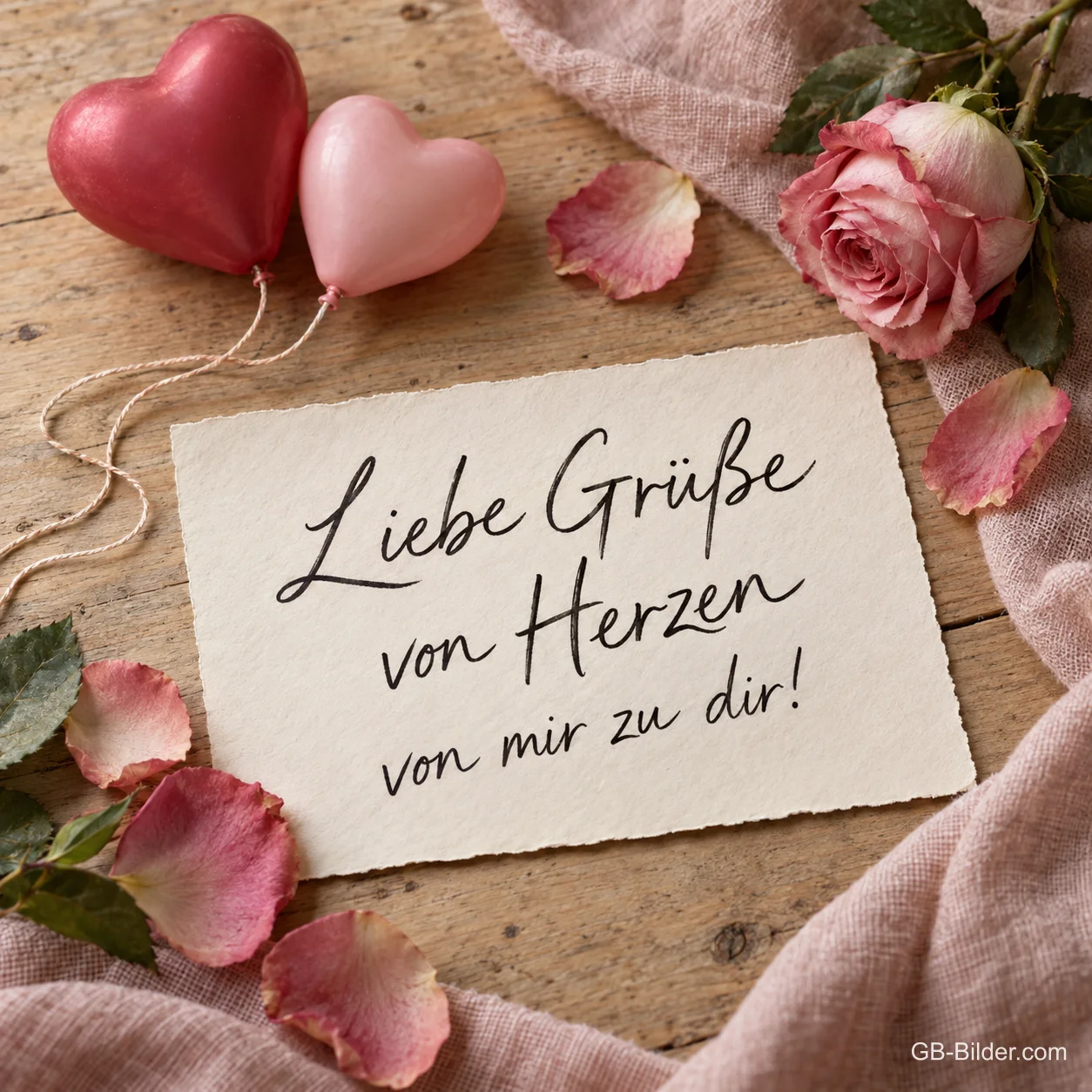 Karte zwischen Rosenblättern und Herzballons, Text: Liebe Grüße von Herzen von mir zu dir! Karte zwischen Rosenblättern und Herzballons, Text: Liebe Grüße von Herzen von mir zu dir!