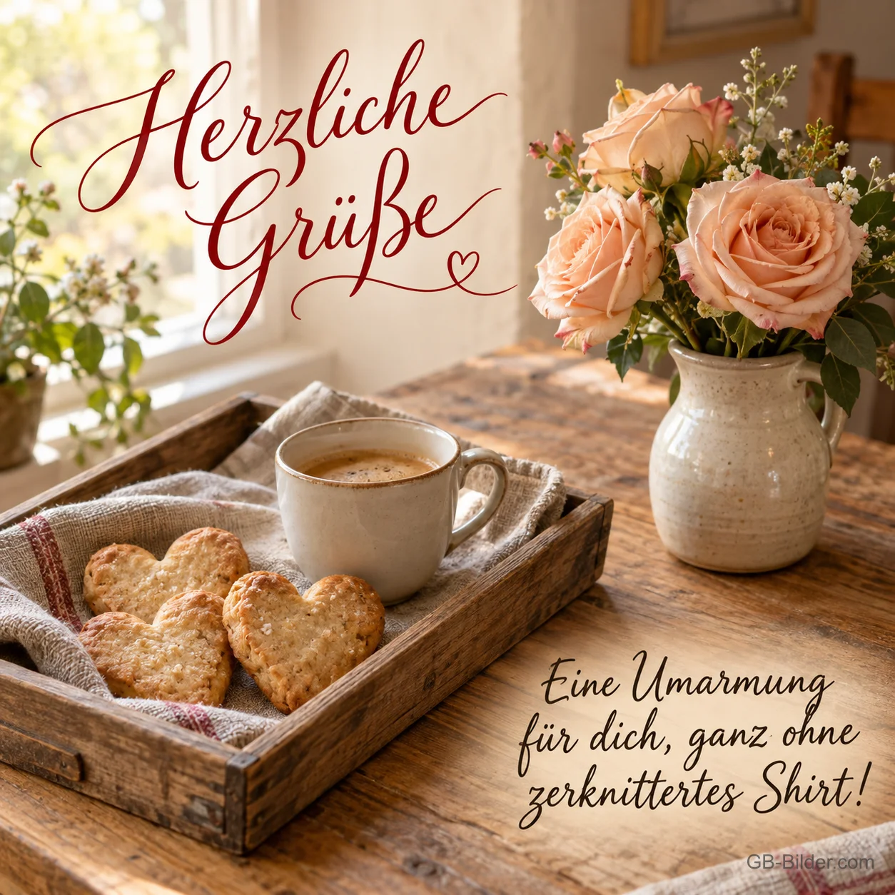 Herzkekse und Kaffee neben Rosen, Text: Herzliche Grüße – Eine Umarmung für dich Herzkekse und Kaffee neben Rosen, Text: Herzliche Grüße – Eine Umarmung für dich