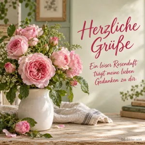 Rosa Rosen in weißer Vase, Text: Herzliche Grüße