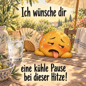 Schwitzendes Gesicht mit Fächer und Eiswasser, Text: Ich wünsche dir eine kühle Pause bei dieser Hitze!