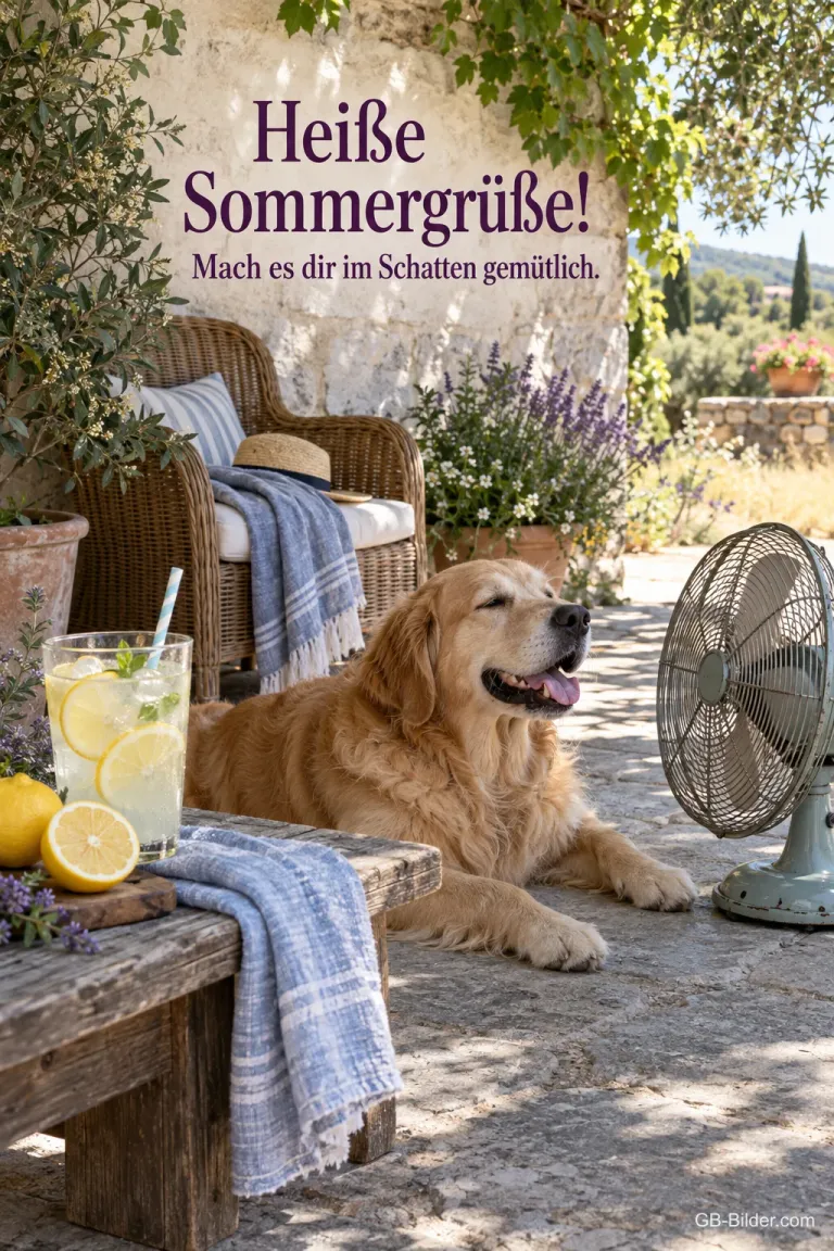 Golden Retriever vor einem Ventilator, Text: Heiße Sommergrüße! Mach es dir im Schatten gemütlich.