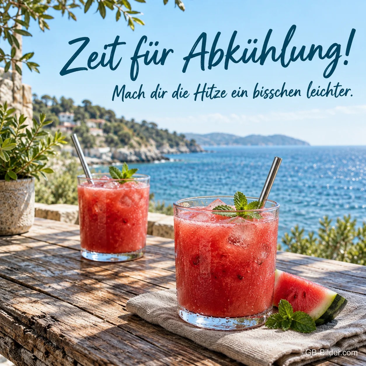Wassermelonen-Drinks über dem Meer, Text: Zeit für Abkühlung! Wassermelonen-Drinks über dem Meer, Text: Zeit für Abkühlung!