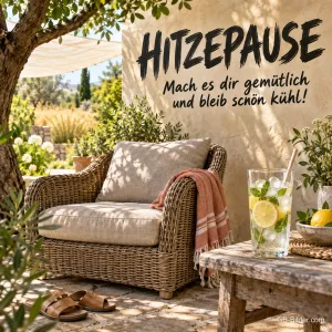 Korbsessel im Schatten mit Limonade, Text: Hitzepause – Mach es dir gemütlich und bleib schön kühl!