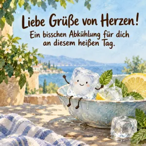Eiswürfel mit Gesicht in einer Schale, Text: Liebe Grüße von Herzen! Ein bisschen Abkühlung für dich