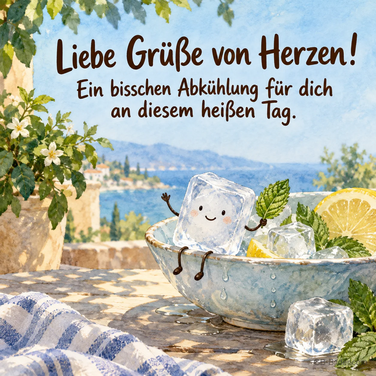 Eiswürfel mit Gesicht in einer Schale, Text: Liebe Grüße von Herzen! Ein bisschen Abkühlung für dich Eiswürfel mit Gesicht in einer Schale, Text: Liebe Grüße von Herzen! Ein bisschen Abkühlung für dich