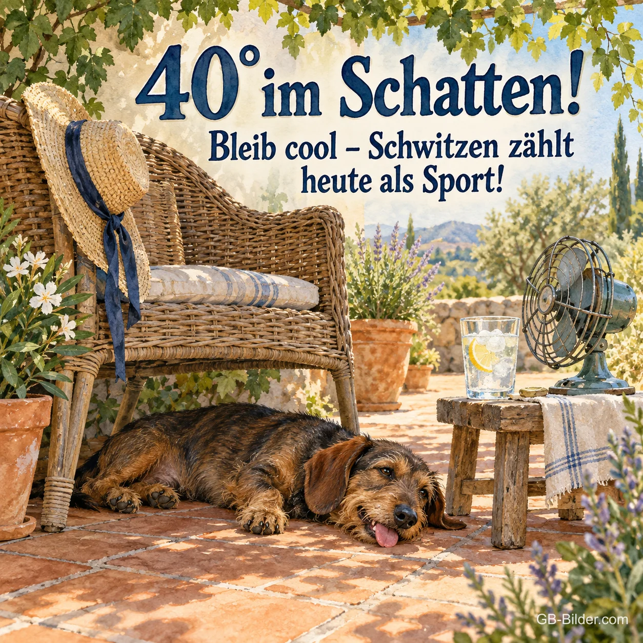 Dackel im Schatten unter einem Korbsessel, Text: 40° im Schatten! Bleib cool – Schwitzen zählt heute als Sport! Dackel im Schatten unter einem Korbsessel, Text: 40° im Schatten! Bleib cool – Schwitzen zählt heute als Sport!