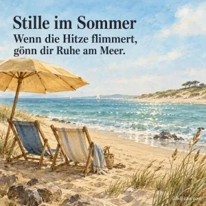 Zwei Liegestühle am Strand, Text: Stille im Sommer