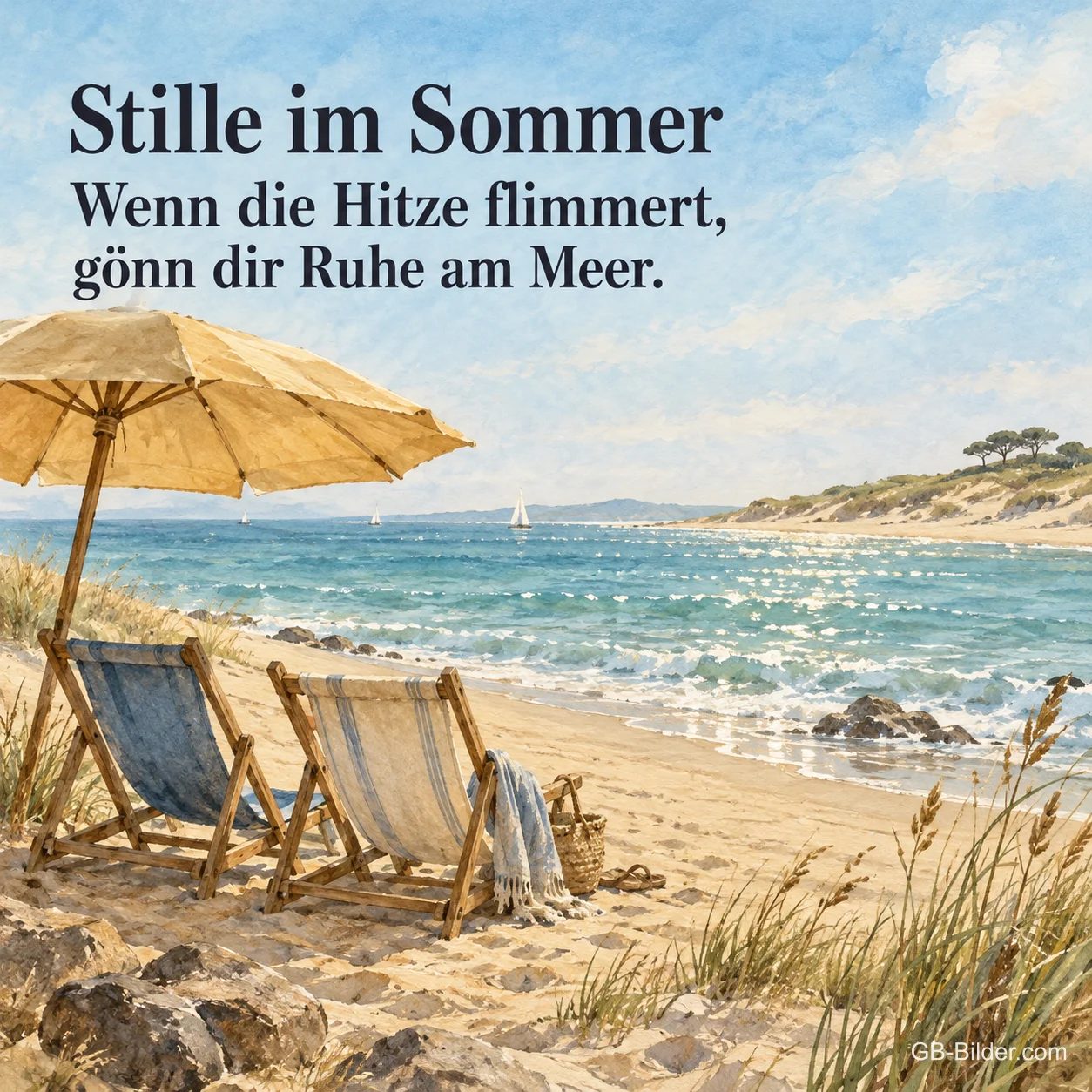 Zwei Liegestühle am Strand, Text: Stille im Sommer Zwei Liegestühle am Strand, Text: Stille im Sommer