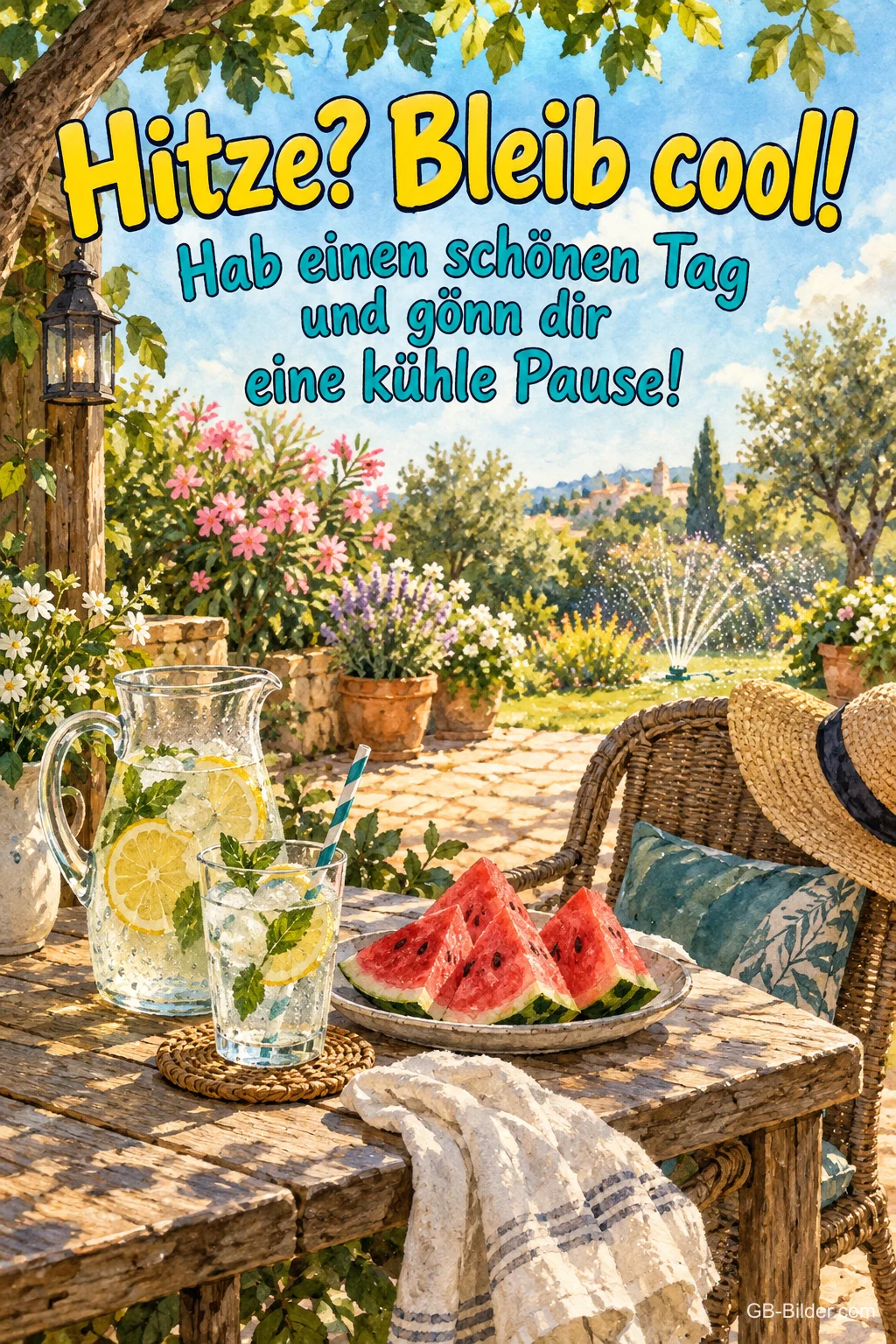 Limonade und Wassermelone im Garten, Text: Hitze? Bleib cool! Limonade und Wassermelone im Garten, Text: Hitze? Bleib cool!