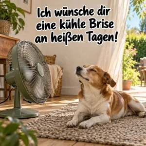 Hund vor einem Ventilator, Text: Ich wünsche dir eine kühle Brise an heißen Tagen!