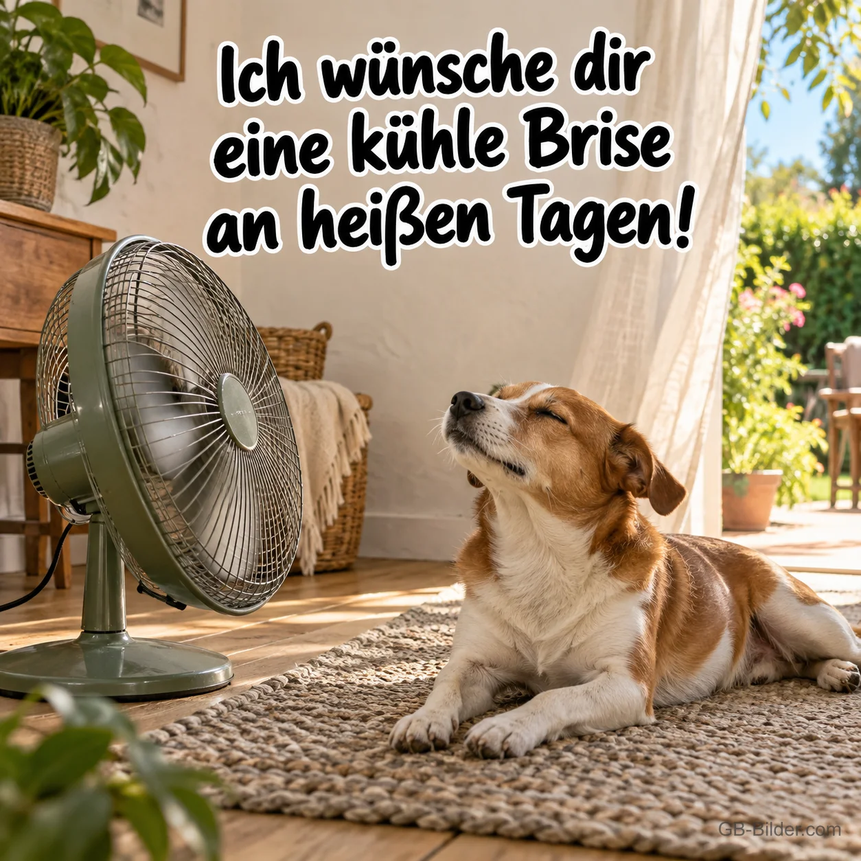 Hund vor einem Ventilator, Text: Ich wünsche dir eine kühle Brise an heißen Tagen! Hund vor einem Ventilator, Text: Ich wünsche dir eine kühle Brise an heißen Tagen!