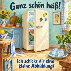 Offener Kühlschrank in einer Landhausküche, Text: Ganz schön heiß! Ich schicke dir eine kleine Abkühlung!