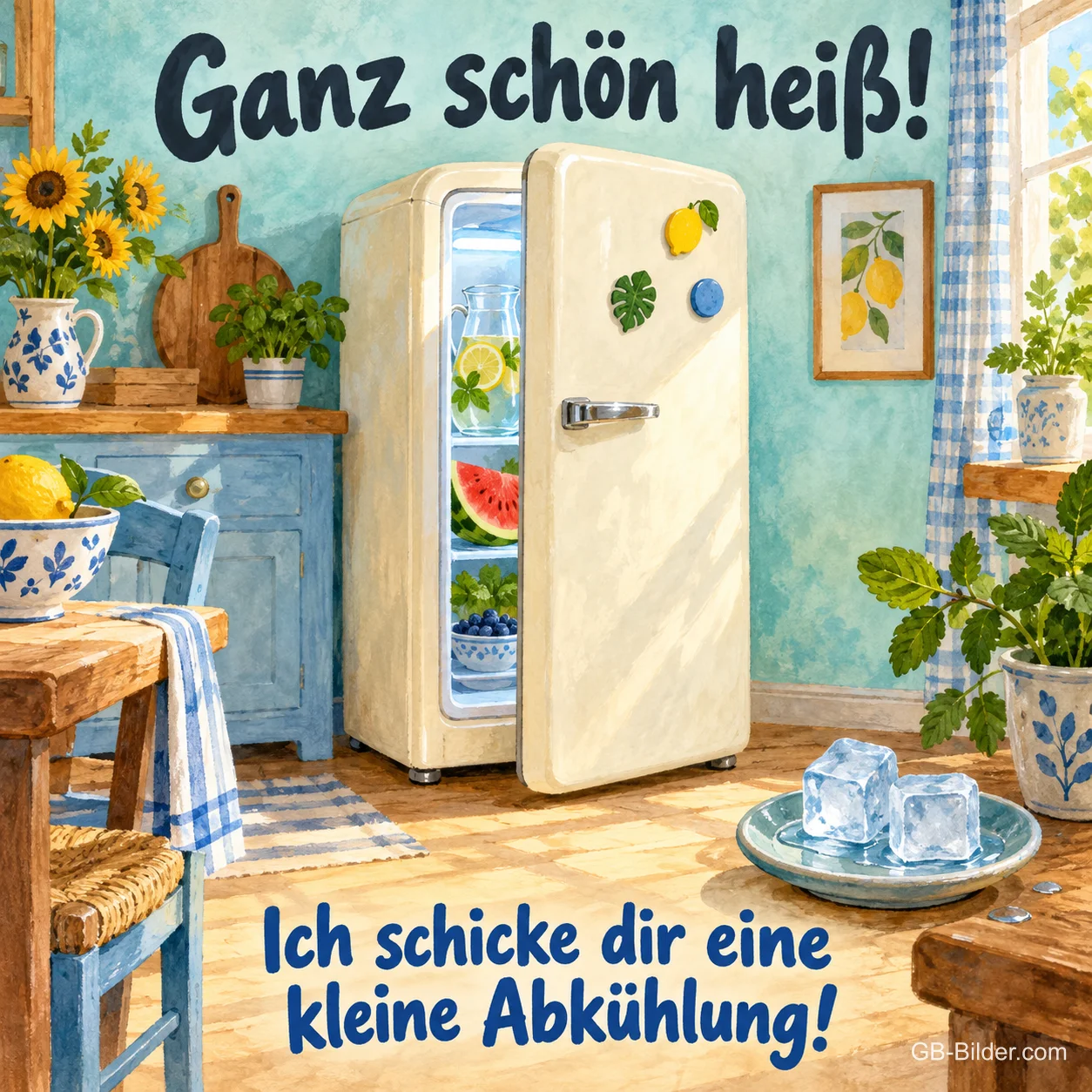 Offener Kühlschrank in einer Landhausküche, Text: Ganz schön heiß! Ich schicke dir eine kleine Abkühlung! Offener Kühlschrank in einer Landhausküche, Text: Ganz schön heiß! Ich schicke dir eine kleine Abkühlung!