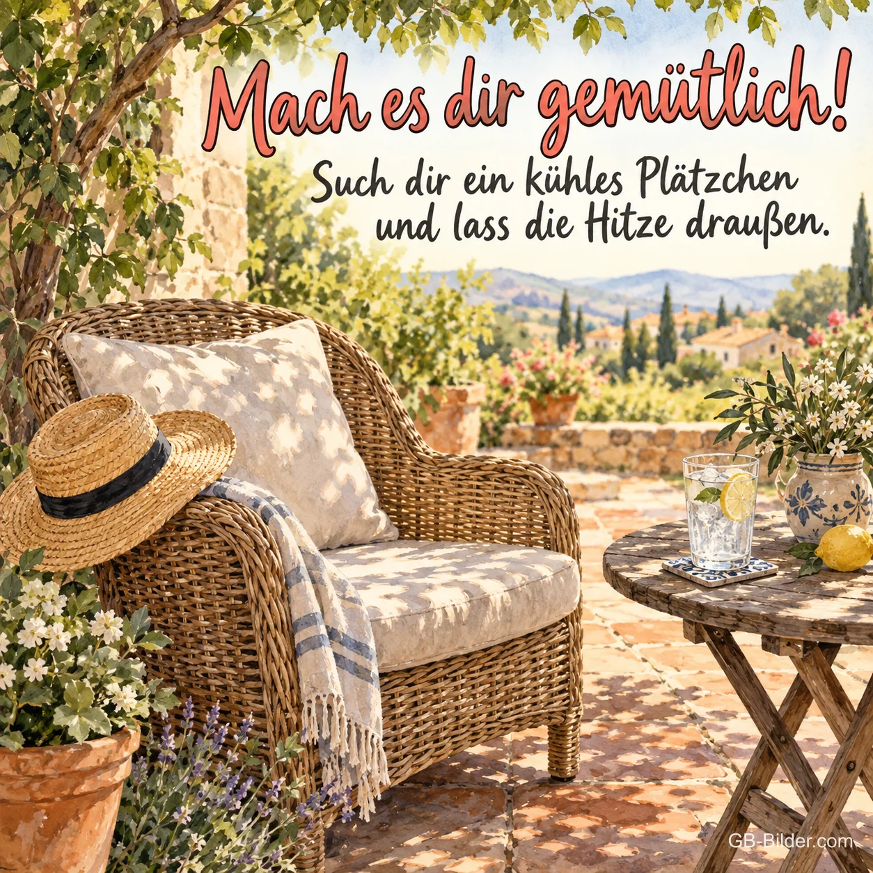 Korbsessel mit Strohhut auf der Terrasse, Text: Mach es dir gemütlich! Such dir ein kühles Plätzchen. Korbsessel mit Strohhut auf der Terrasse, Text: Mach es dir gemütlich! Such dir ein kühles Plätzchen.