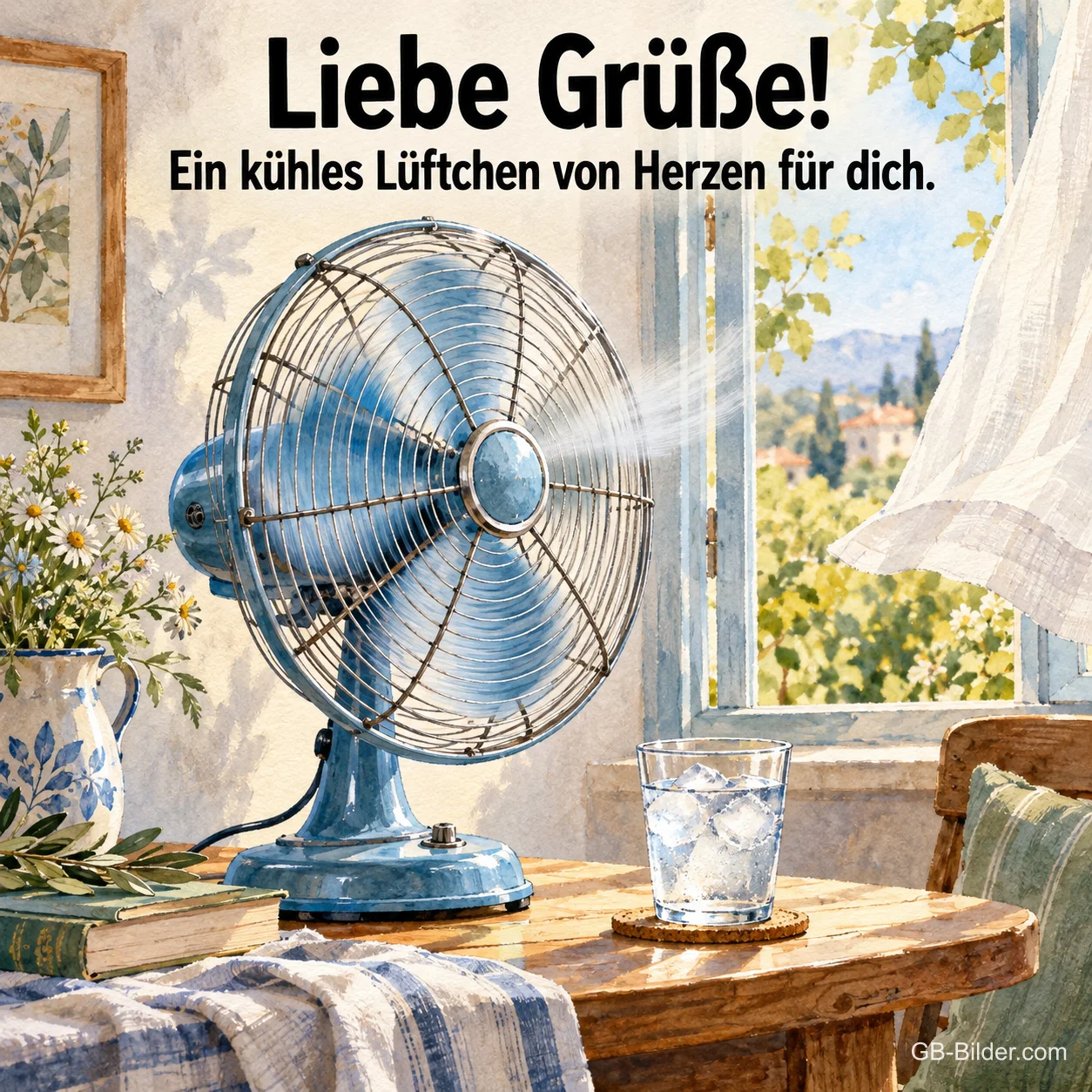 Blauer Ventilator am Fenster, Text: Liebe Grüße! Ein kühles Lüftchen von Herzen für dich. Blauer Ventilator am Fenster, Text: Liebe Grüße! Ein kühles Lüftchen von Herzen für dich.
