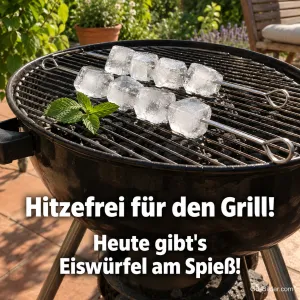 Eiswürfel am Spieß auf dem Grill, Text: Hitzefrei für den Grill! Heute gibt's Eiswürfel am Spieß!