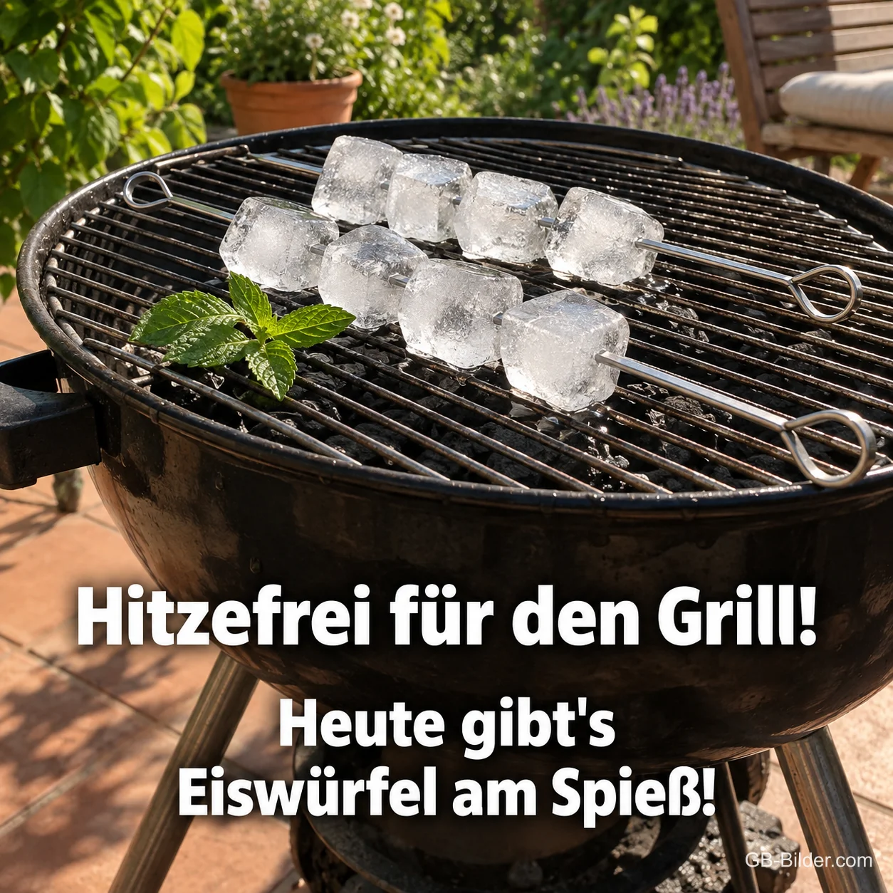 Eiswürfel am Spieß auf dem Grill, Text: Hitzefrei für den Grill! Heute gibt's Eiswürfel am Spieß! Eiswürfel am Spieß auf dem Grill, Text: Hitzefrei für den Grill! Heute gibt's Eiswürfel am Spieß!