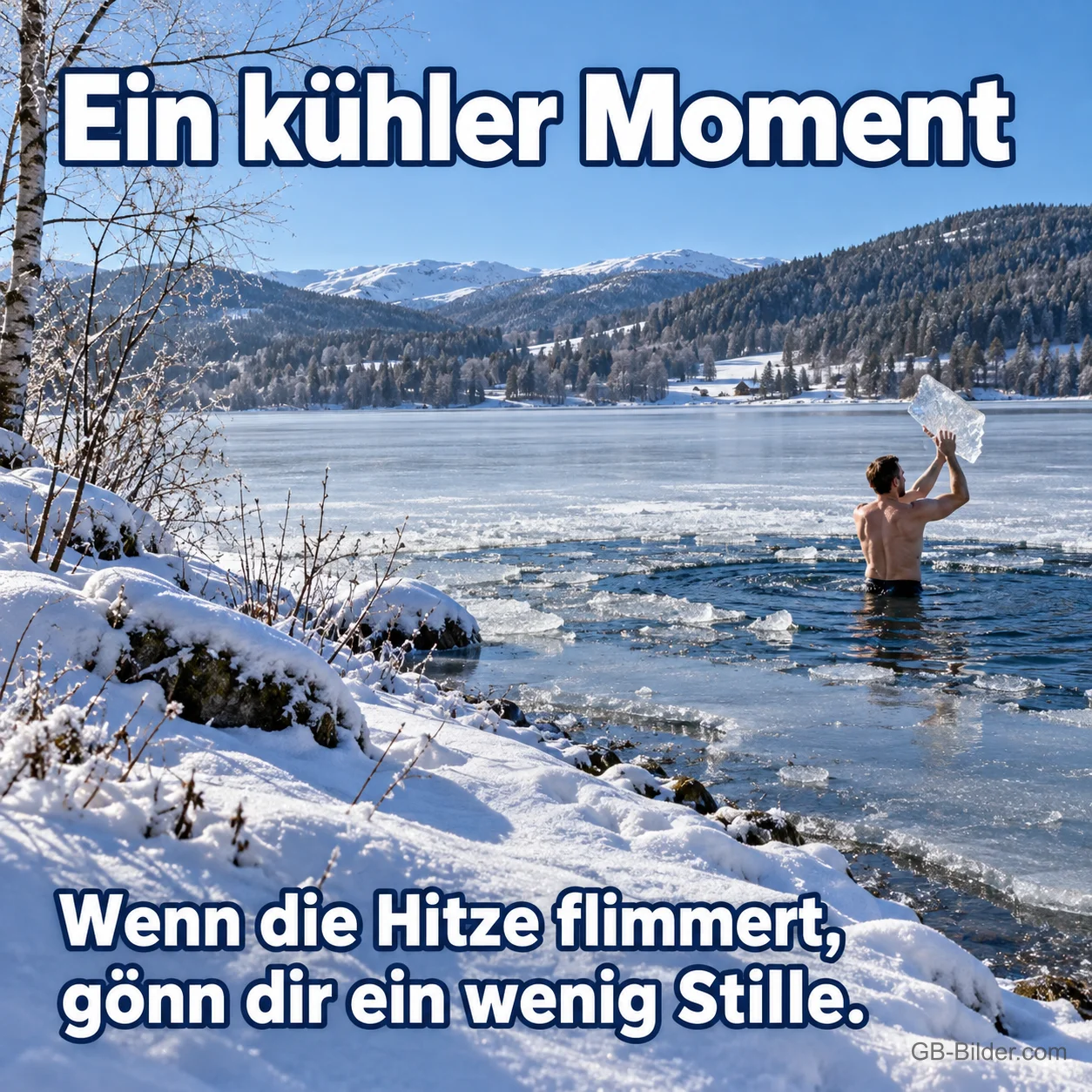 Mann mit Eisscholle im verschneiten See, Text: Ein kühler Moment Mann mit Eisscholle im verschneiten See, Text: Ein kühler Moment