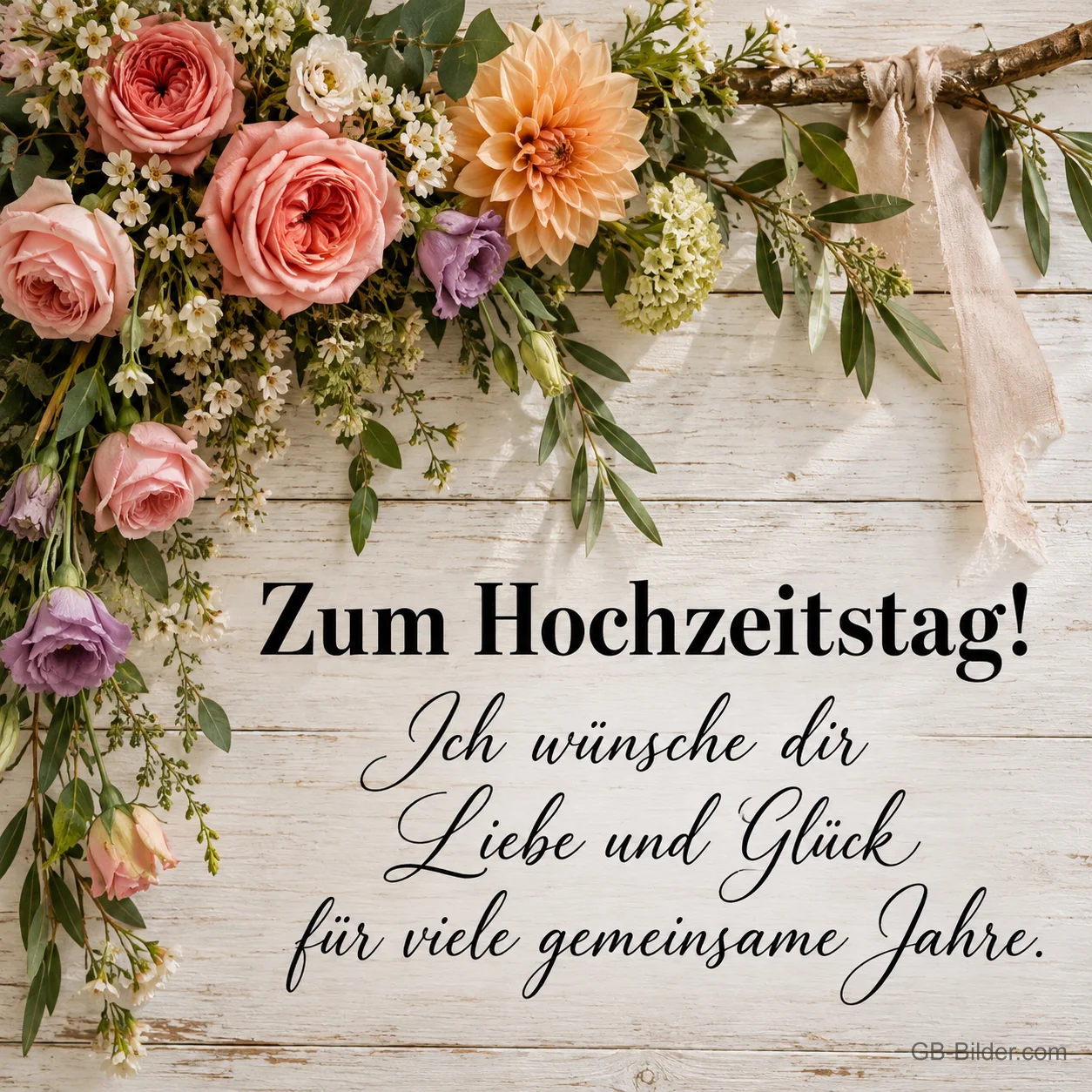 Rosen und Dahlien auf hellem Holz, Text: Zum Hochzeitstag! Liebe und Glück für viele gemeinsame Jahre. Rosen und Dahlien auf hellem Holz, Text: Zum Hochzeitstag! Liebe und Glück für viele gemeinsame Jahre.