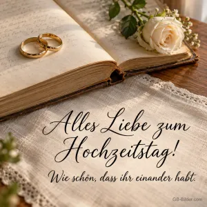 Eheringe auf einem alten Buch mit Rose, Text: Alles Liebe zum Hochzeitstag! Wie schön, dass ihr einander habt.